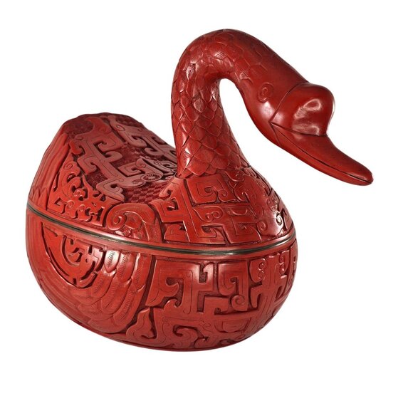 Vintage Red Cinnabar Duck Goose Swan Figure Lidded Box Lacquered - Picture 2 of 10